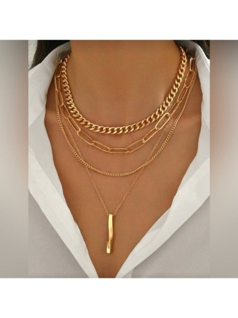 Gold Tone Layered Chain Necklace Set 4PC Cuban Paperclip Pendant Stack